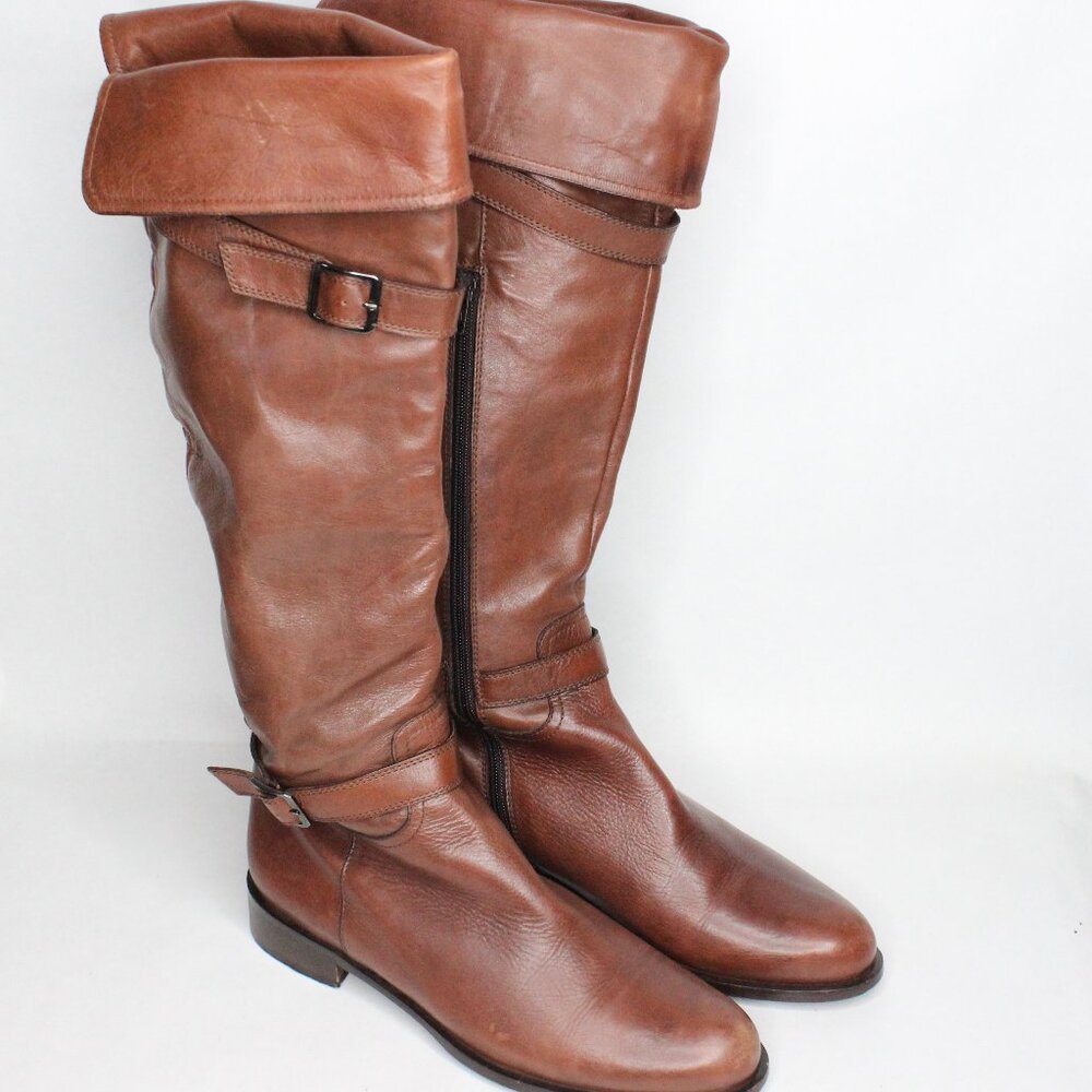 Garnet Hill Women's Knee-High Leather Equestrian Boot Brown Buckles Italy Sz 9.5